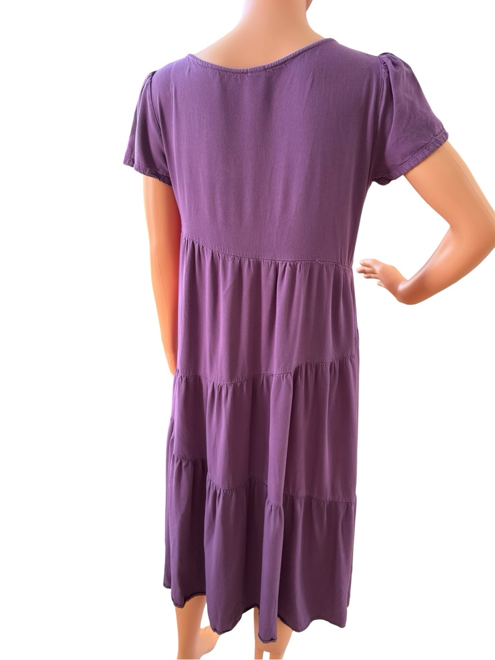 Tiered Short-Sleeve Midi Dress in Purple - Picture 2 of 6
